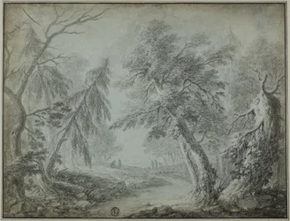 Skog med bäck och figurer