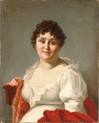 Porträtt av Madame Regnault, bystlång, i vit klänning och persimmonsjal (olja på duk)