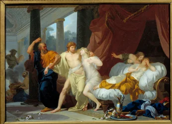 Sokrates drar Alcibiade ur voluptens sköte Filosofen Sokrates tränar sin lärjunge Alcibiade (450-404 f.Kr.) bort från förtappelsens platser. Målning av Jean Baptiste Regnault (1754-1829) 1791 sön. 0,46x0,63 m