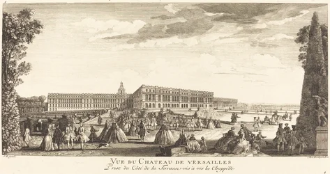 Utsikt över slottet i Versailles tagen från sidan av terrassen mittemot kapellet