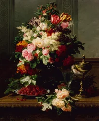 Ett stilleben av rosor, tulpaner och andra blommor på en tysk kompott