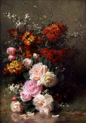 Sommarblommor (bl.a. rosor och pelargoner). Målning av Jean Baptiste Robie (1821-1910) Privat samling.