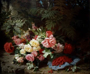 Stilleben med rosor och hallon. Målning av Jean Baptiste Robie (1821-1910) Privat samling.