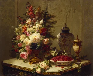 Stilleben med blommor och hallon (olja på panel)