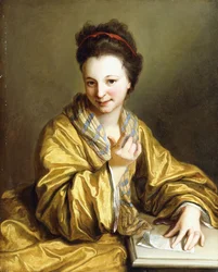 En ung dam, iklädd en gul mantel, sittande vid ett bord, vinkar, 1703