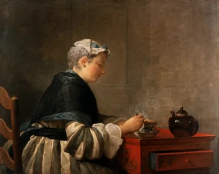 En dam som dricker te, 1735