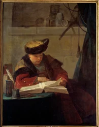En kemist i sitt laboratorium eller en filosof sysselsätter hans läsning. Porträtt av målaren Jacques Andre Joseph Ave, känd som Camelot eller Avet le Batave (1702-1766). Målning av Jean Baptiste Simeon Chardin (1699-1779) 1734 Sön. 1,38x1,05 m