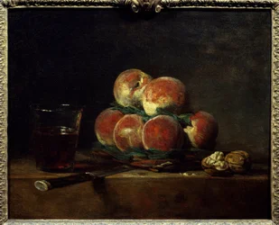 Korg med peches med nötter, kniv och ett glas vin Målning av Jean Baptiste Simeon Chardin (1699-1779) 1768 Dim. 0,32x0,39 m Paris, Louvren