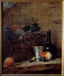 Korg med vita och svarta druvor, silverbägare och flaska Målning av Jean Baptiste Simeon Chardin (1699-1779) 1700-talets sön. 0,69x0,58 m