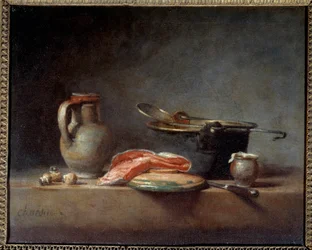 Koppargryta, skummare, kanna och skiva lax. Fortfarande liv. Jean Baptiste Simeon Chardin (1699 - 1779)