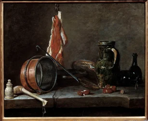 Fet meny och köksredskap. Fortfarande liv. Målning av Jean Baptiste Simeon Chardin (1699-1779)