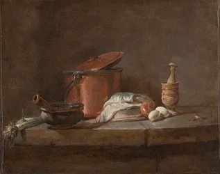 Köksredskap med purjolök, fisk och ägg, ca. 1734.