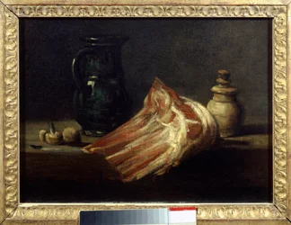 Köksbord och redskap med en fårfyrkant. Målning av Jean Baptiste Simeon Chardin