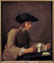 Le chateau de cartes Målning av Jean Baptiste Simeon Chardin (1699-1779) 1700-tal sön. 0,77x0,68 m