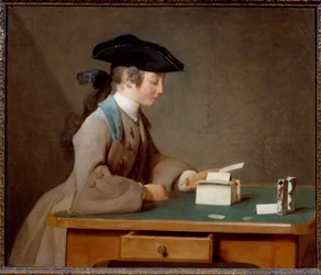 Korthuset eller ljudet av Monsieur Le Noir Målning av Jean Baptiste Simeon Chardin (1699-1779) 1737 Sön. 0,6x0,71 m London, nationalgalleriet - The House of cards (eller Mister Noirs son) - Målning av Jean Baptiste Simeon Chardin (1699-1779), olja på