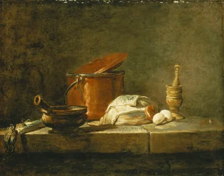 Purjolök, en gryta, en kopparkruka med lock, en fiskskiva, en lök och två ägg, med mortelstöt och mortel, på en avsats, 1734
