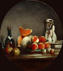 Meloner, päron, persikor och plommon, eller The cut melon, 1760