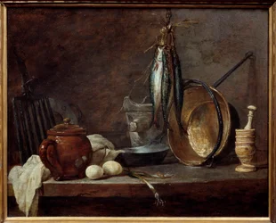 Meny med magert och köksredskap. Fortfarande liv. Målning av Jean Baptiste Simeon Chardin (1699-1779)