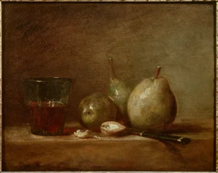 Päron, nötter och ett glas vin. Fortfarande liv. Målning av Jean Baptiste Simeon Chardin (1699-1779)