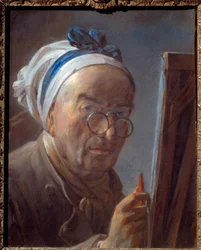 Självporträtt vid staffliet Pastellmålning av Jean döparen Simeon Chardin (1699-1779) 1779