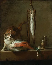 Stilleben med katt och fisk