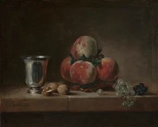 Stilleben med persikor, en silverbägare, vindruvor och valnötter, ca 1759-60 (olja på duk)