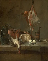 Stilleben med rocka och korg med lök, 1731