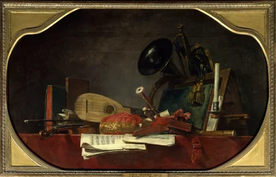Musikens attribut Stilleben med partitur, fiol, mandore, hovmusett, traverflöjt, horn och trumpet. Målning av Jean Baptiste Simeon Chardin (1699-1779) 1765 sön. 0,91 x 1,45 m Paris, Louvren.