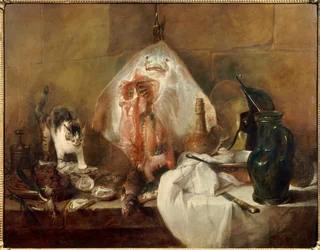 Stilleben med rocka, fisk, ostron och krus. Målning av Jean-Baptiste Siméon Chardin (1699-1779), 1727. 1,14 x 1,46 m. Paris, Louvren