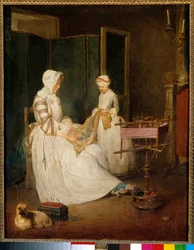 Den arbetande mamman En mamma hjälpt av sin dotter som broderar och använder en chedder. Målning av Jean Baptiste Simeon Chardin (1699-1779) 1700-talets sön. 0,4x0,39 m