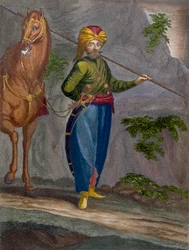 En spahi, plansch 34 ur "Samling med hundra tryck som föreställer Levantens olika nationer" av Charles de Ferriol, graverad av Gerard Scotin (1671-1716), 1707-08