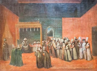Sultan Ahmed III tar emot en europeisk ambassadör, ca 1725 (olja på duk)