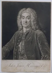 Porträtt av John James Heidegger (1666-1749), schweizisk impresario i London, graverat av John Faber (1684-1756), 1749