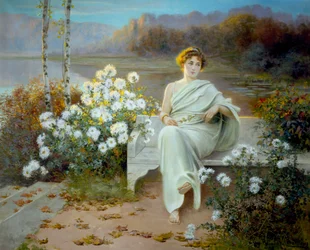 Antika Rom: "Reverie" En ung kvinna sitter på en bänk i en blommig trädgård med blicken försjunken i tankar. Målning av Jean Beauduin (1851-1916) 1901 Privat samling