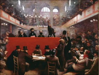 Vid Graffard Meeting Hall (Reunion a la salle Graffard) (belägen på 138, boulevard de Menilmontant i Paris) av Beraud, Jean (1849-1936)