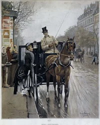 Elegant kvinna i en vagn i Paris: "We returnees" - illustration av Jean BERAUD (1849 - 1935), sent 1800-tal.