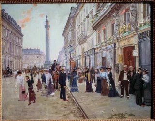 Arbetarnas utgång från paquinhuset rue de la Paix (Placera Vendome med kolumnen). Målning av Jean Beraud (1849-1935) 1905 sön. 0,42x0,55 m. Paris, Musée Carnavalet