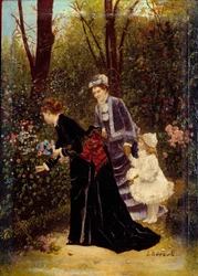 I trädgården. Målning av Jean Beraud (1849-1935)