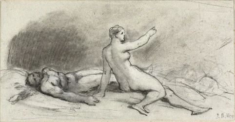 Sittande naken kvinna med sovande naken man (recto); kvinnlig torso sedd bakifrån (verso)