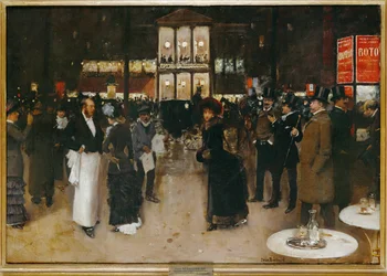 Boulevarden framför Theatre des Varietes, Paris, på natten (målning på duk)