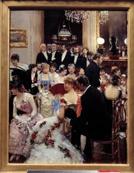 Kvällen. Målning av Jean Béraud (1849-1936). Mått 0,35 x 0,27 m. Paris, Musée Carnavalet - Kvällen. Olja på trä, 0,35 x 0,27 m. Paris, Musée Carnavalet.