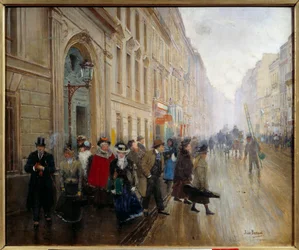 Utgången från vinterträdgården i rue du Faubourg fishonniere. Målning av Jean Beraud (1849-1935) 1800-talet. Dämpa. 0,46x0,55m. Paris, Musée Carnavalet