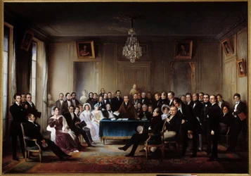Poeten och dramatikern Francois Guillaume Andrieux läser sin tragedi Junius Brutus ”” i foajén på Comedie Francaise den 26/05/1828” Bland presenterna Alexandre Dumas, Pierre Nicolas Michelot, Jean Francois Becquerel, Firmin, Victor Hugo, Eugene