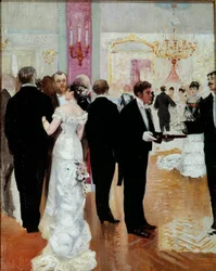 Mottagningen. En sällskapsafton i det parisiska samhället under Belle Époque. Målning av Jean Béraud (1849-1935), 1900-talet. Privat samling