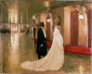 Prenumeranterna - ett elegant par går in i en loge på Parisoperan (olja på duk)
