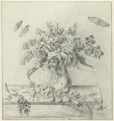 Stilleben med blomsterarrangemang, frukter och insekter