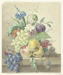Stilleben av blommor och frukter