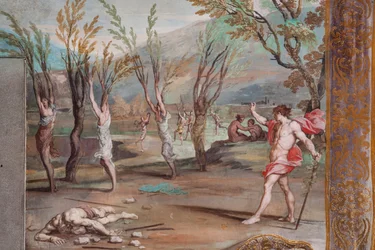 Bacchus förvandlar bacchantinnorna till träd, skyldiga till att ha skurit Orfeus lik i bitar