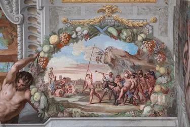 En av de fyrtioen panelerna med scener som berättar om händelserna kring Bacchus