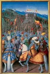 Italienska krig: Kung Ludvig XII (1462-1515) attackerade Genes med sina trupper 1507. Miniatyr från "The Voyage of Genes" av Jean Marot (1450-1526) upplyst av Jean Bourdichon (1457-1521) 1510 Paris, B.N.